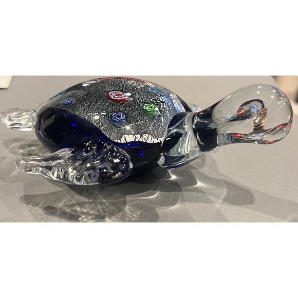 Sea Turtle Paperweight Cobalt Blue Glass With Multi Colored Designs Unmarked - Picture 4 of 10
